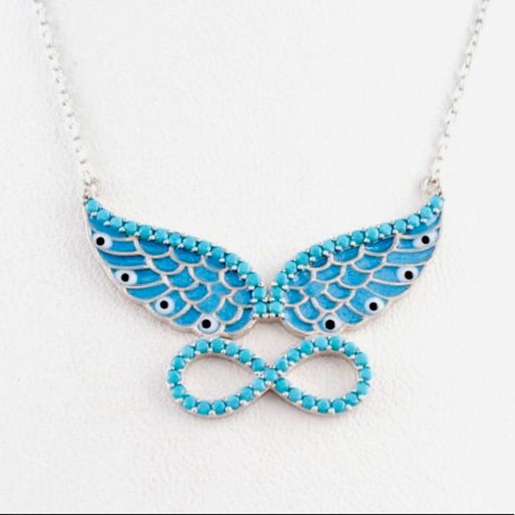 Jewelry - Angel wings evileye hand made enamel silver wing turquoise necklace